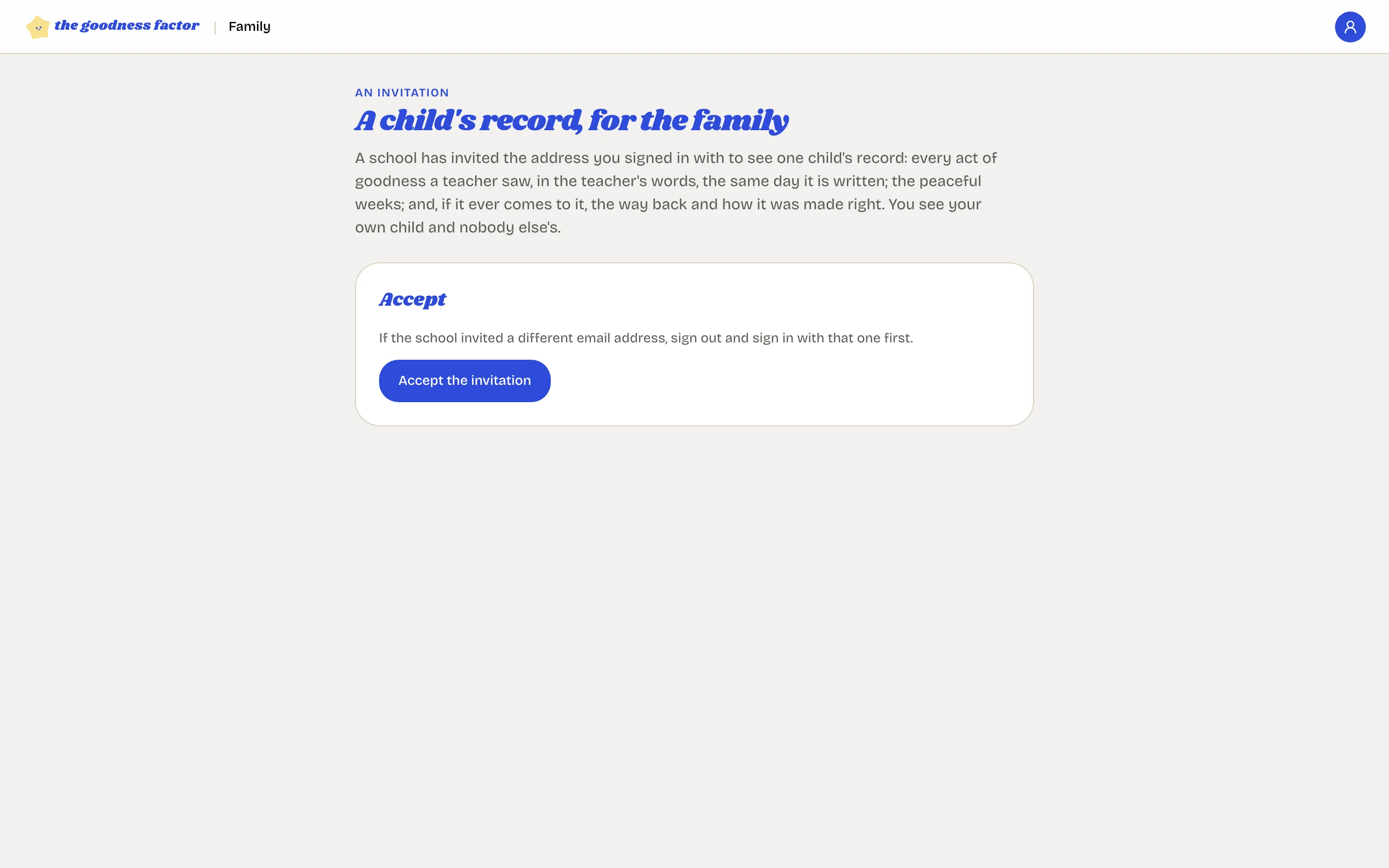 The invitation page: what a family sees of a child's record, and the button to accept the invitation