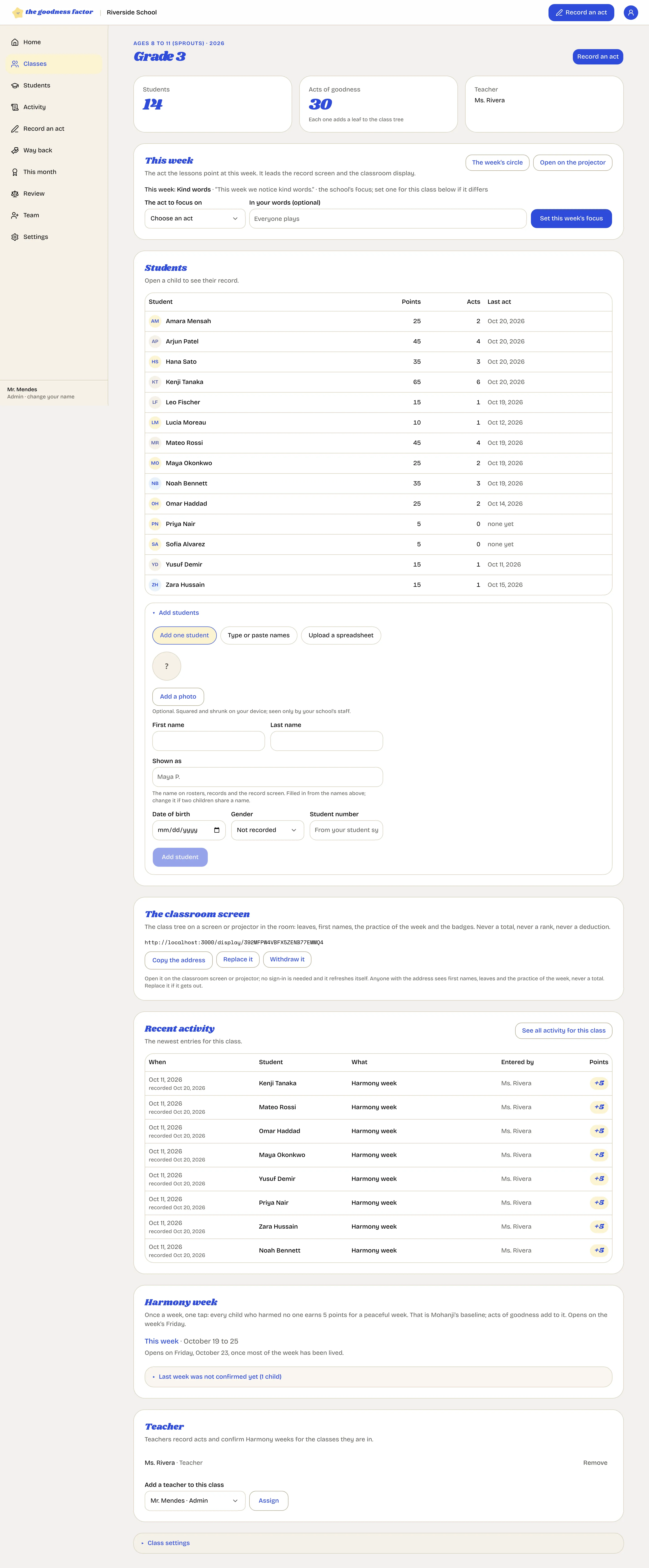 The Add students panel on a class page, open on the single-student form with the paste and upload tabs beside it