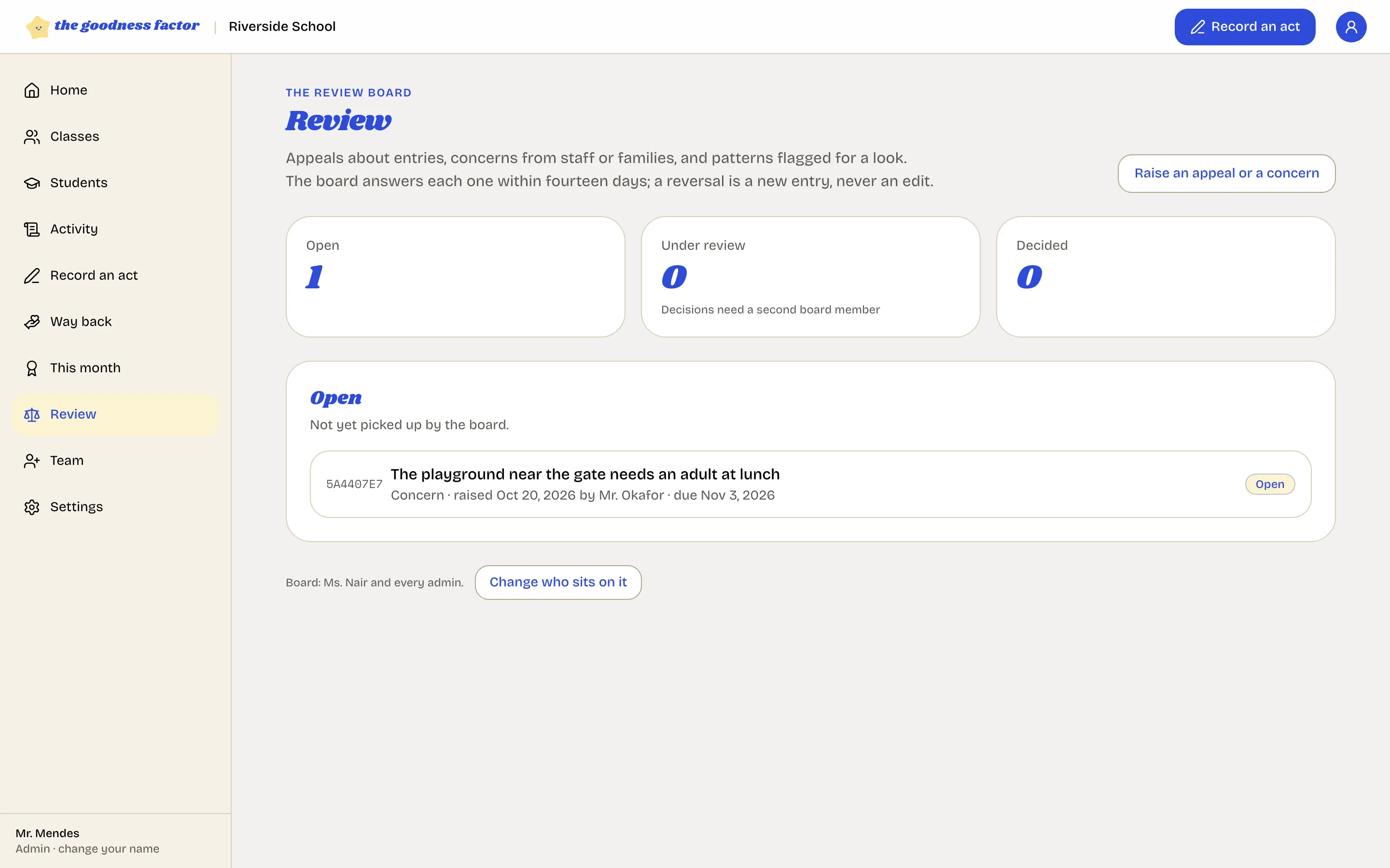 The Review page: counts of open, under review and decided cases, and the list with each case's reference, summary and due date