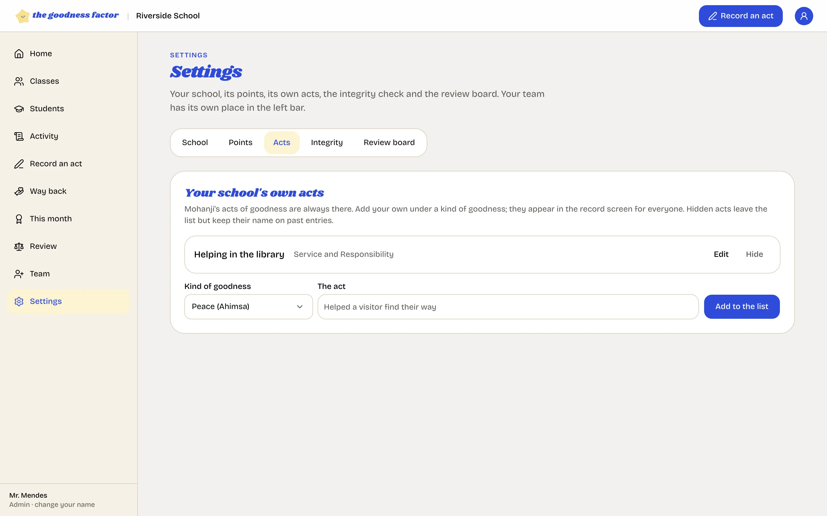 The Acts tab: the school's own act under Service and Responsibility, and the form to add another