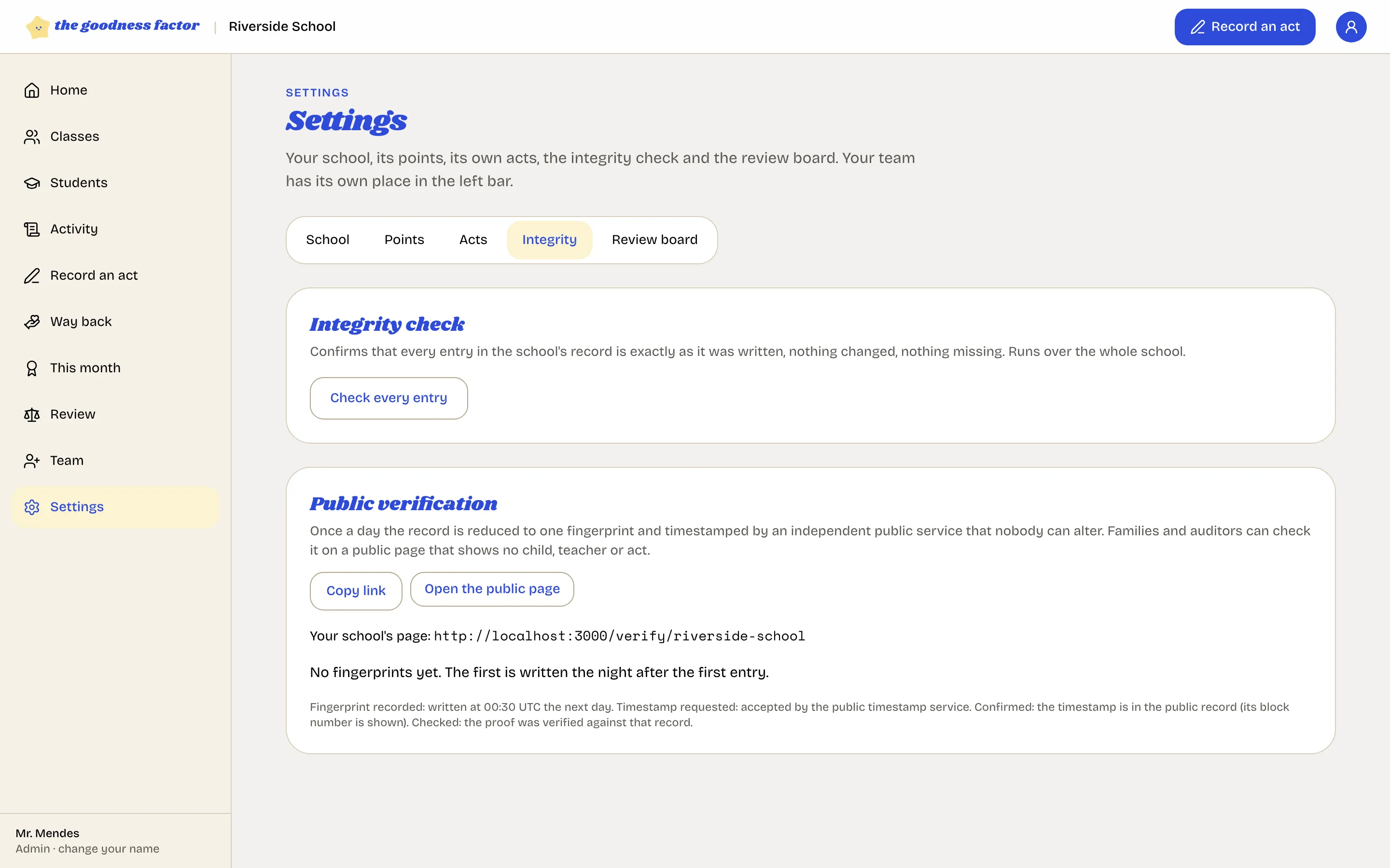 The Integrity tab: the button to check every entry, and the school's public verification page with its address