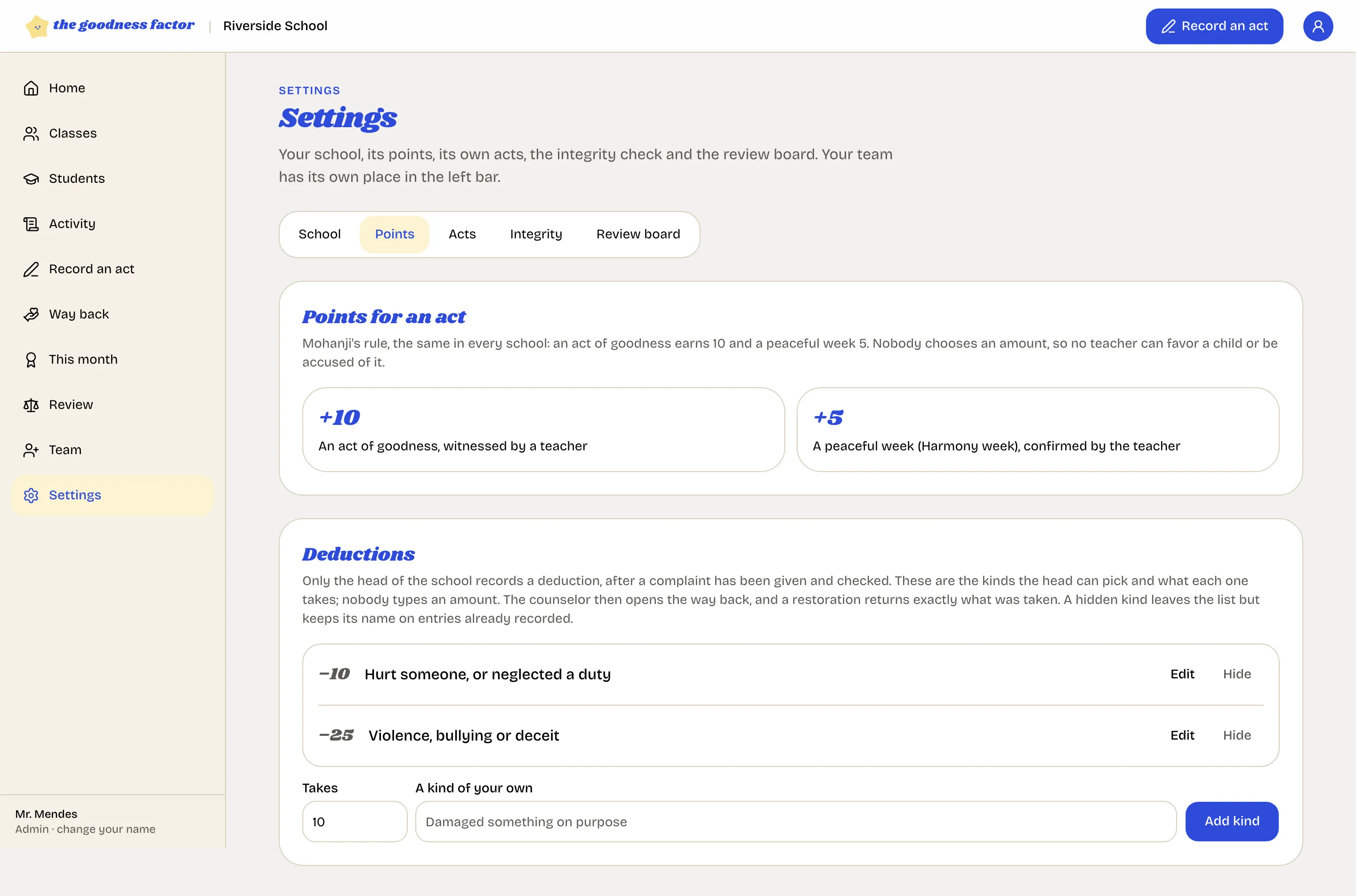 The Points tab: the fixed points for an act and a peaceful week, and the kinds of deduction with their amounts