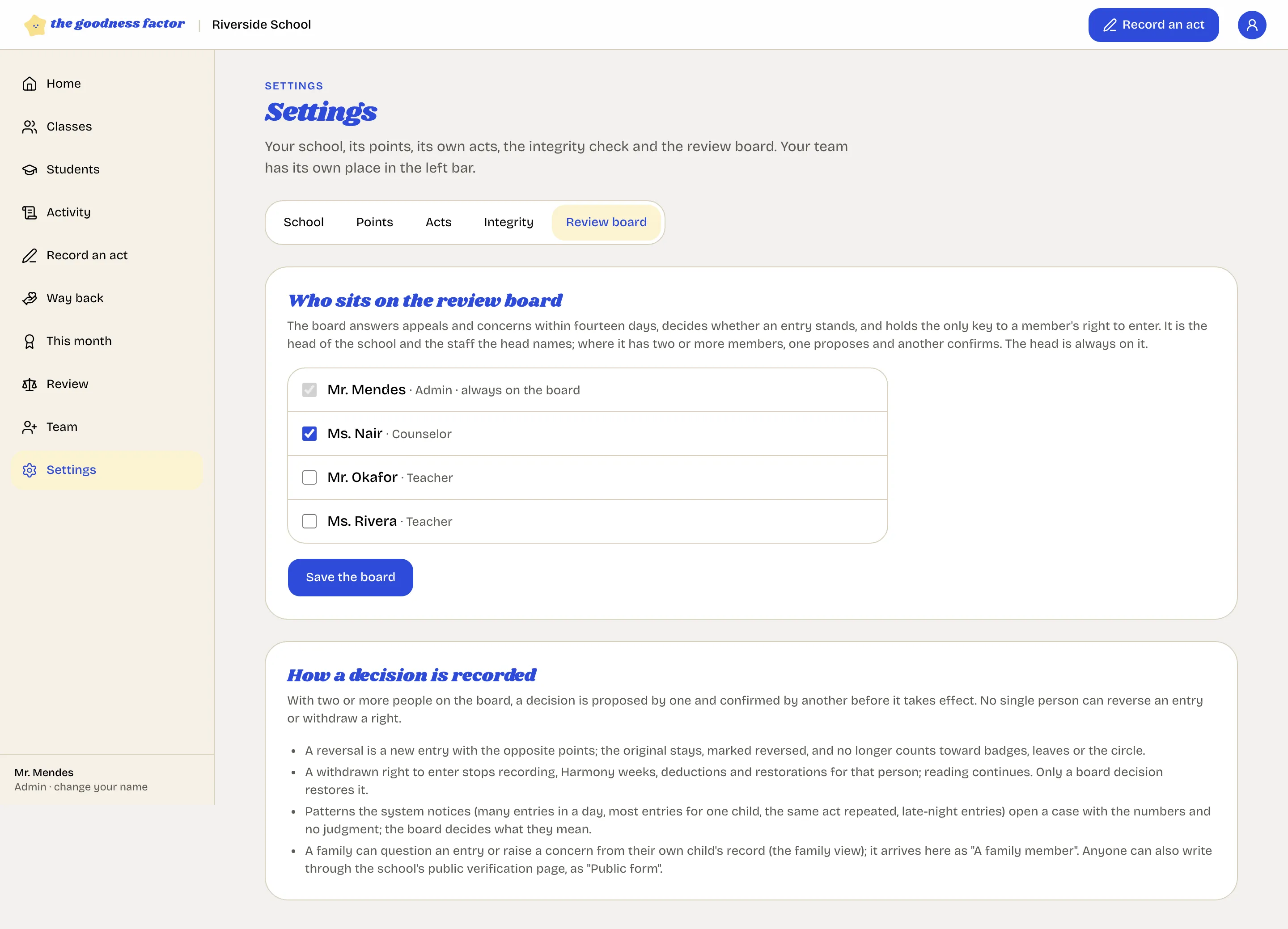 The Review board tab of Settings: the staff who can be named to the board, and the rules for how a decision is recorded