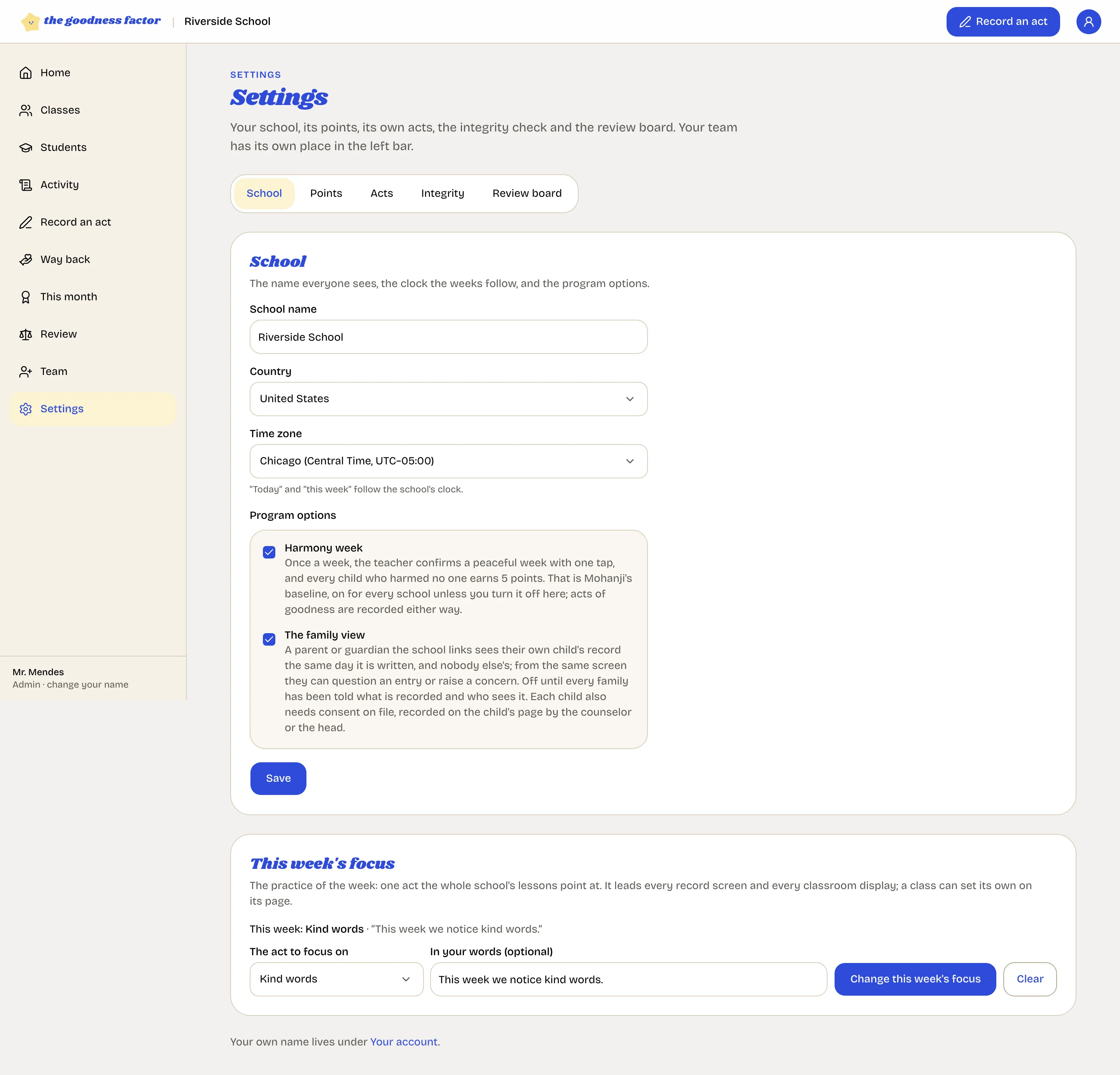 The School tab of Settings: the school's name, country and time zone, and the program options