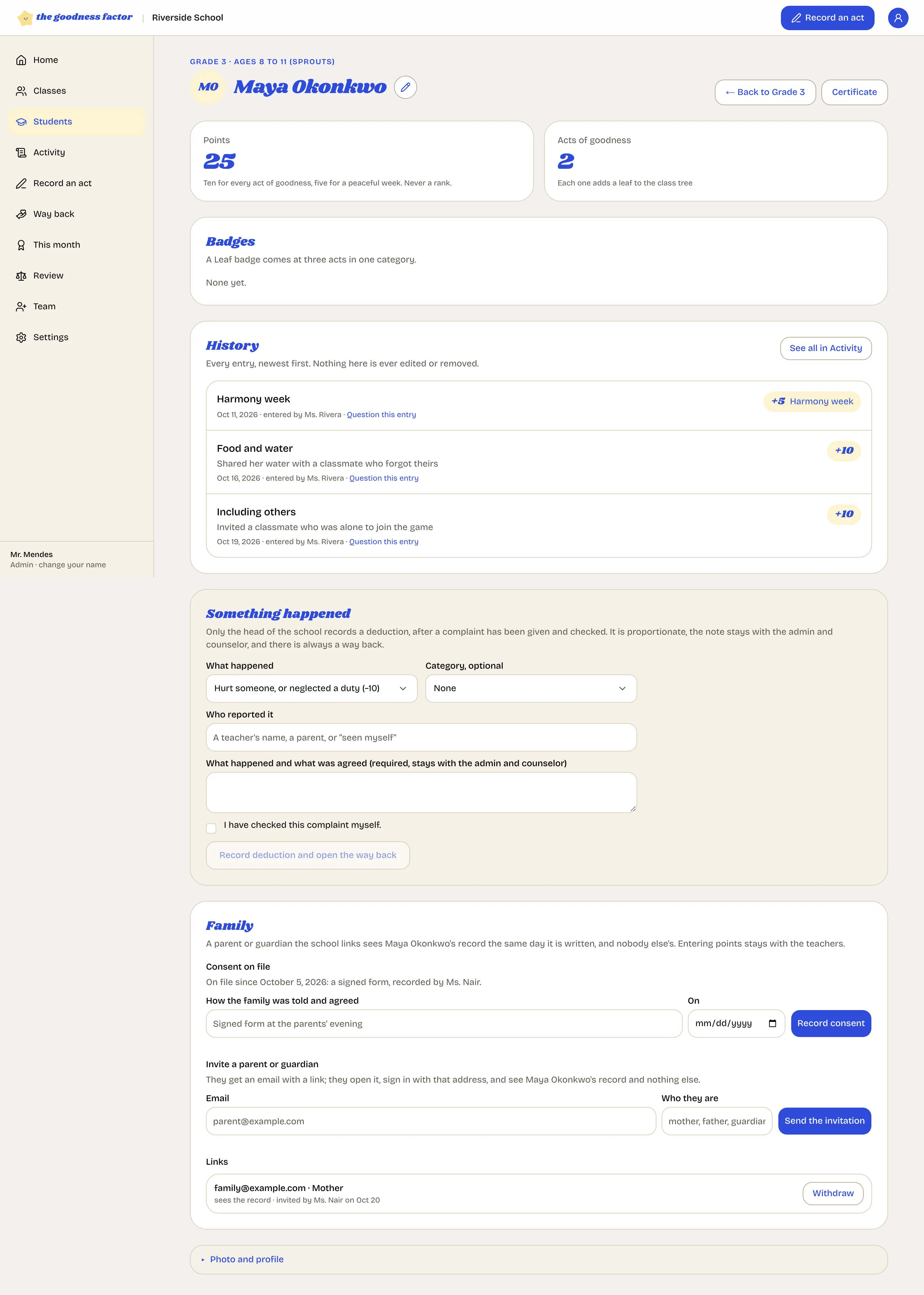 A child's page for the head, with the Something happened form: the kind of deduction, an optional category, who reported it, what happened and what was agreed, and the confirmation that the complaint was checked