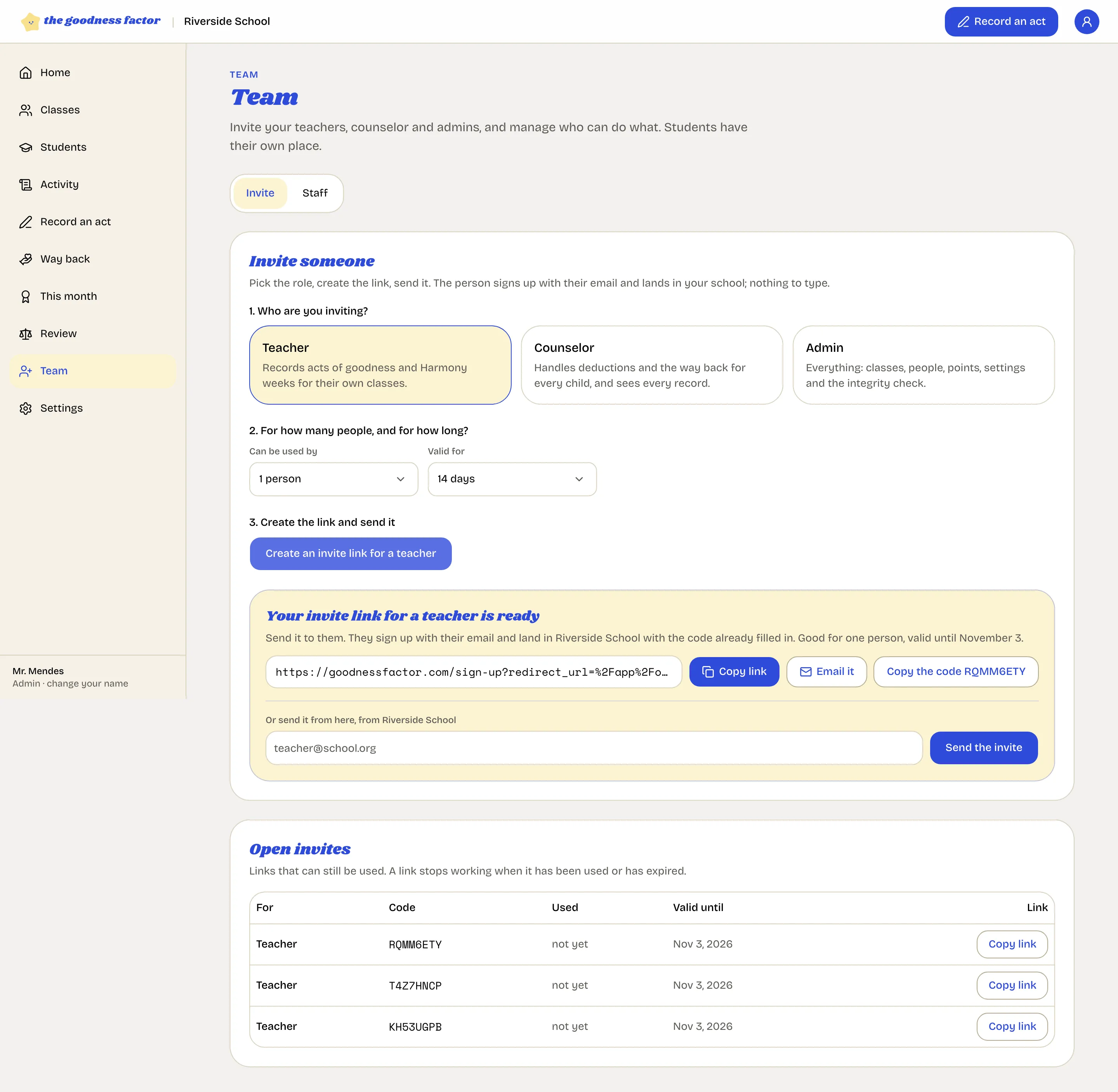 The Team page after creating an invite link: the link and its code, the buttons to copy or email it, and the list of open invites