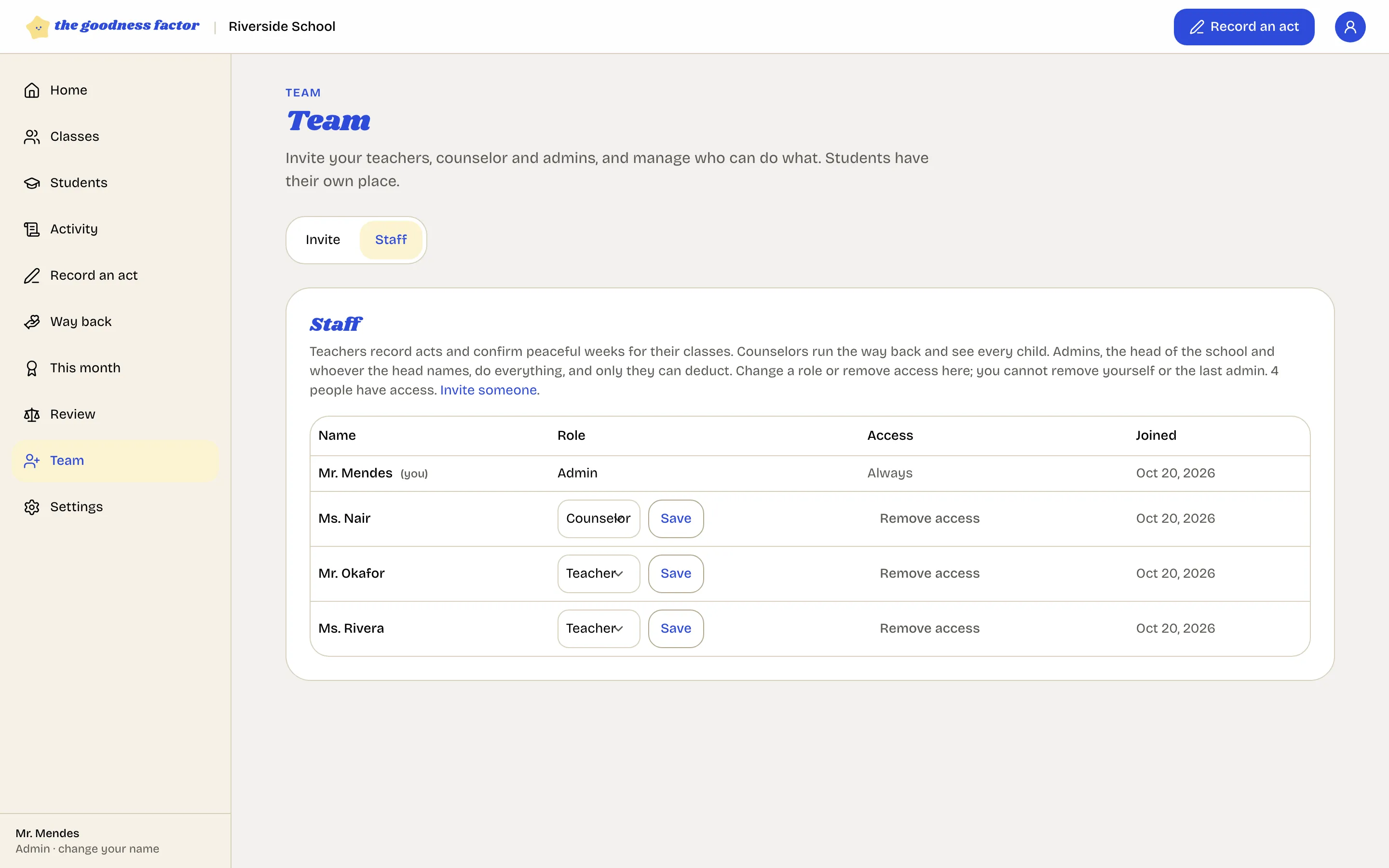 The Staff tab: each person with their role and the buttons to save a change or remove access