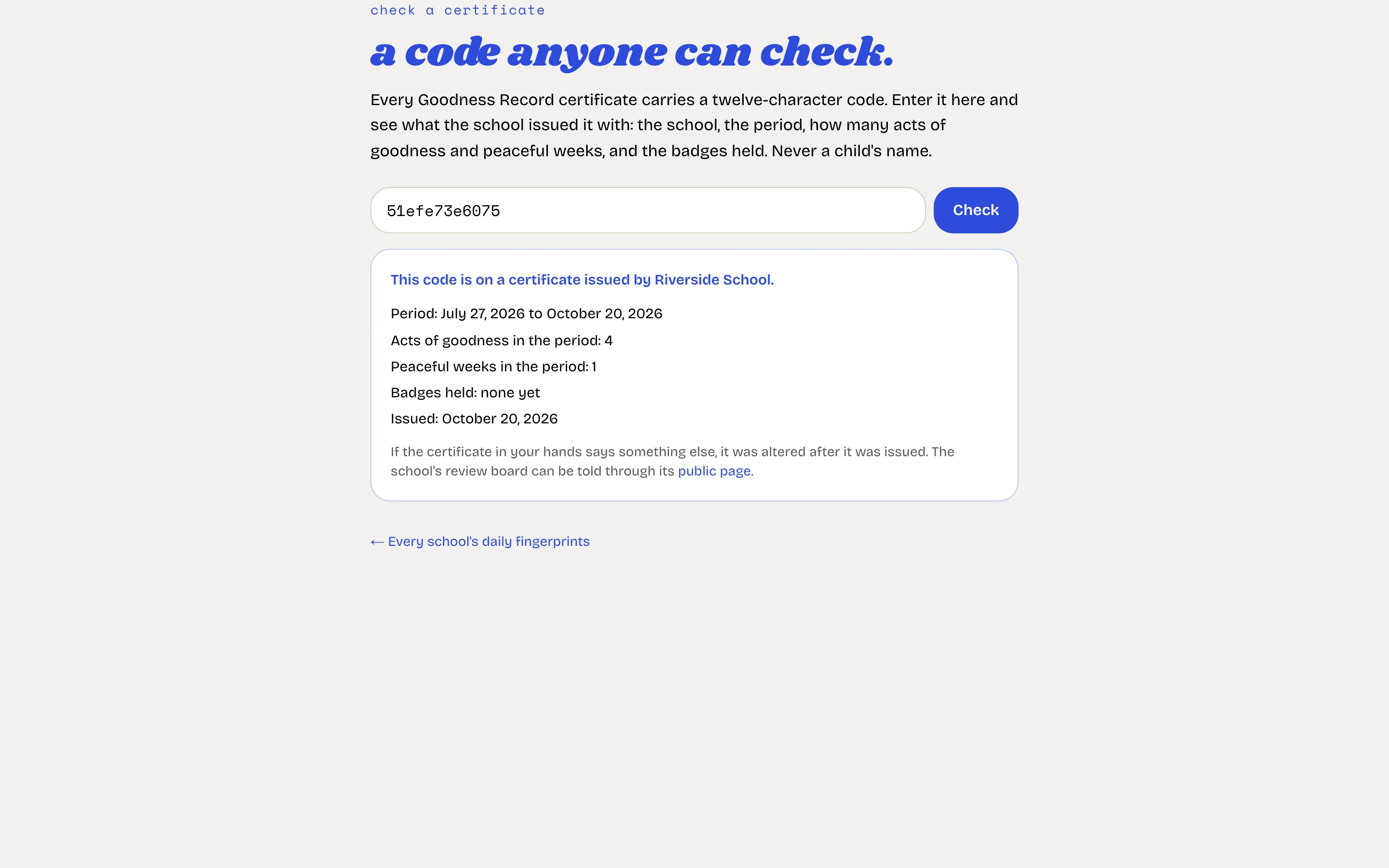 The certificate check page, showing the school, the period, the counts and the badges for a code