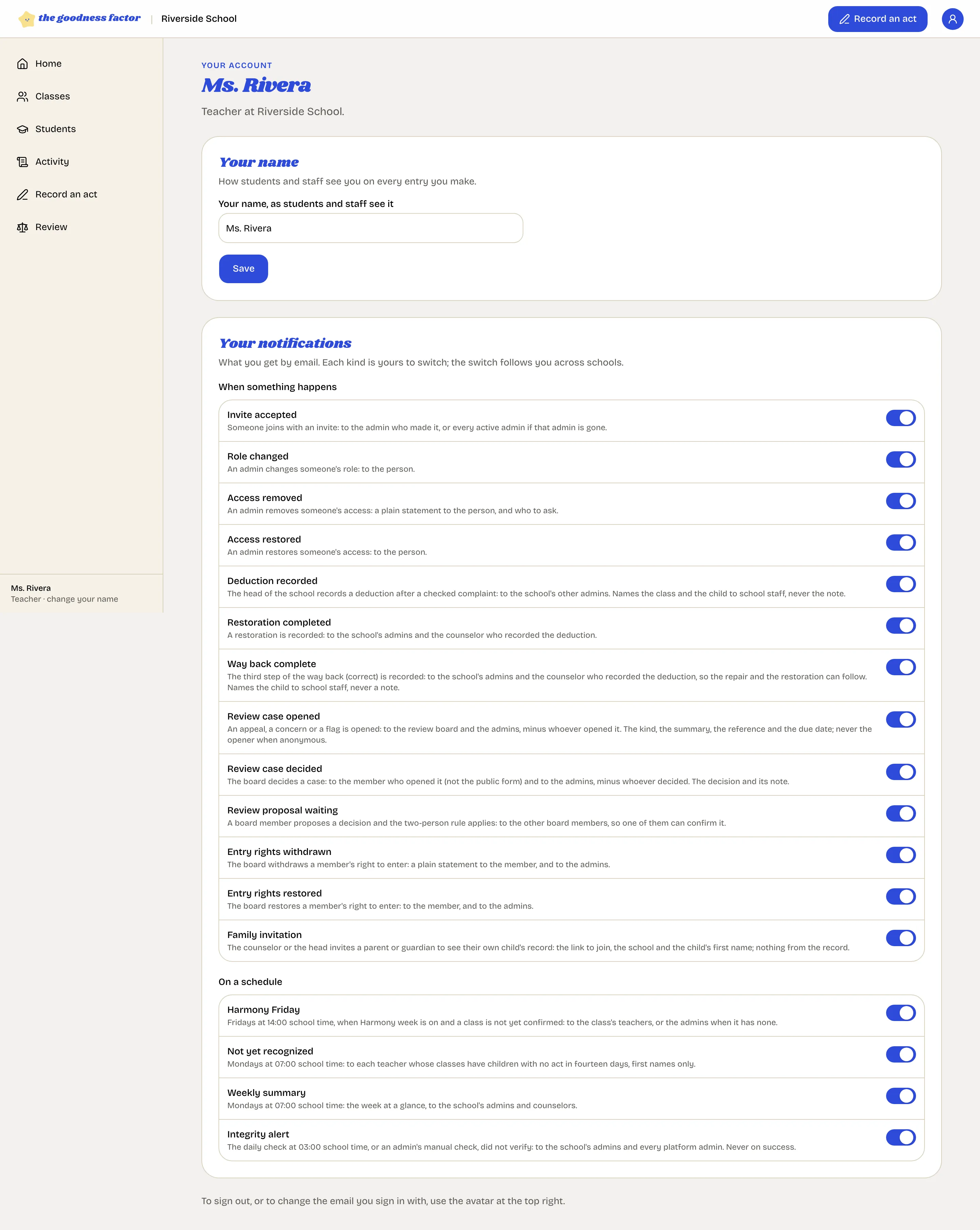 The account page: your name, and your notifications with a switch for each kind of email