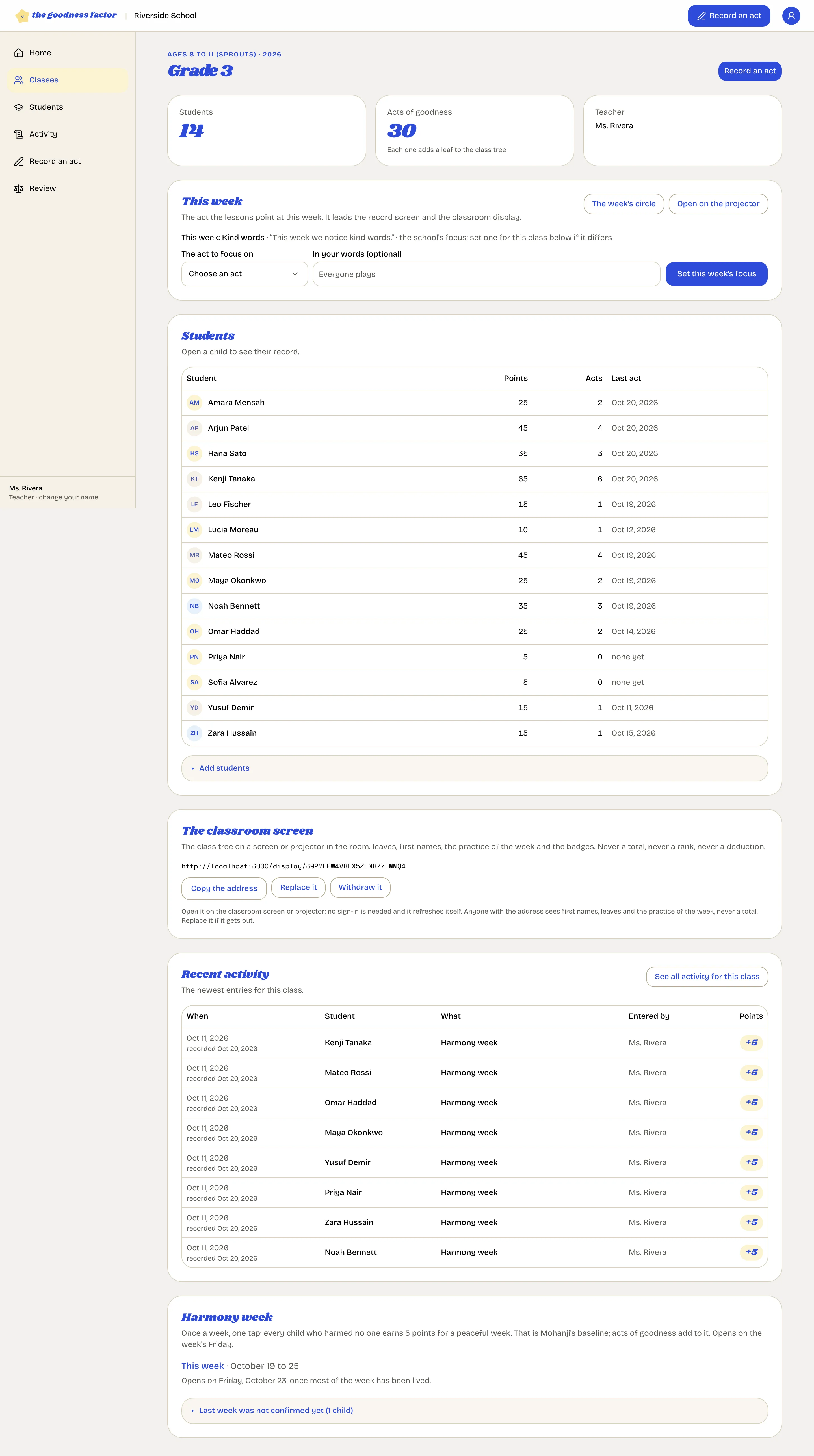 A class page with the This week section at the top: the school's focus and the form to set the class's own