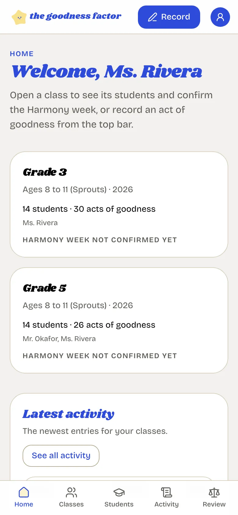 The teacher's home page on a phone, with the tab bar along the bottom