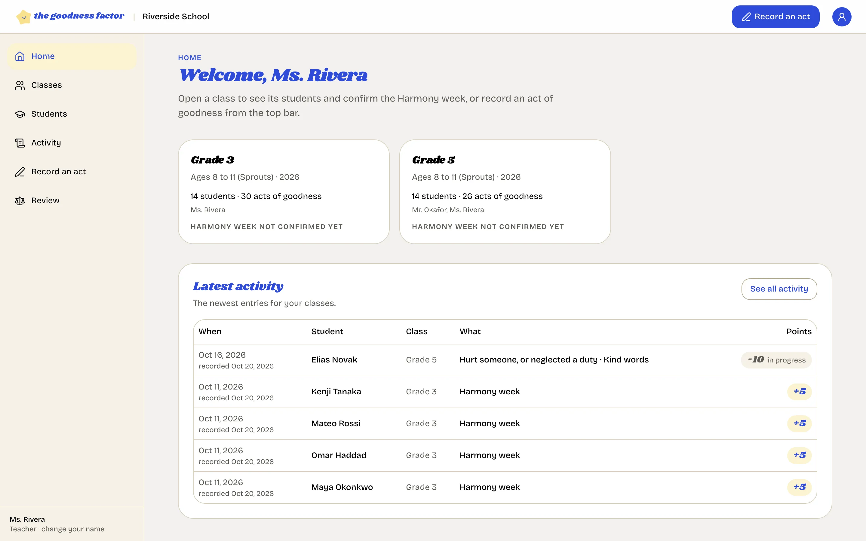 A teacher's home page: a welcome line, the teacher's classes with their peaceful-week status, and the latest entries for those classes