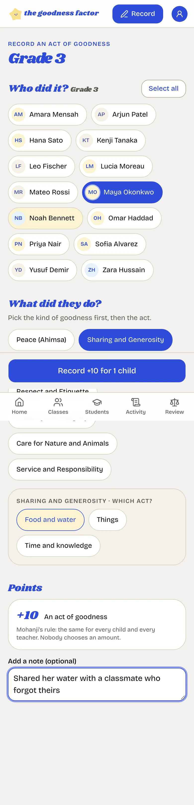 The record screen on a phone, with the class, child, act and note chosen