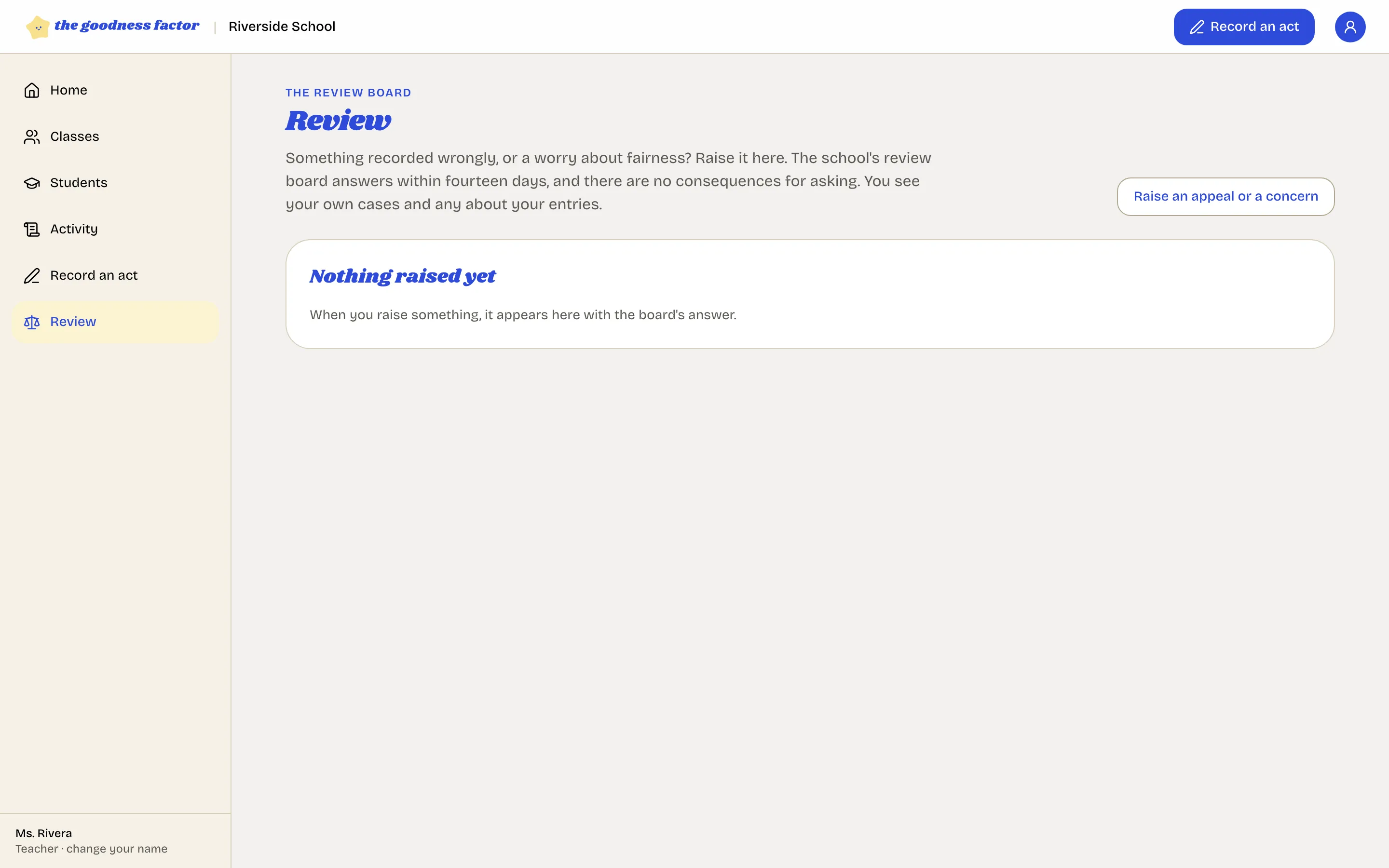 A teacher's Review page: the button to raise an appeal or a concern, and the list of your own cases